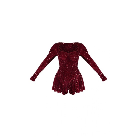 Burgundy Sequin Cup Detail Long Sleeve Skater Romper Burgundy Sequin Cup Detail Long Sleeve Skater Romper