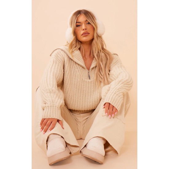 Stone Chunky Knitted Zip Up Oversized Sweater Stone Chunky Knitted Zip Up Oversized Sweater