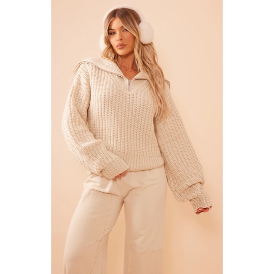 Stone Chunky Knitted Zip Up Oversized Sweater Stone Chunky Knitted Zip Up Oversized Sweater