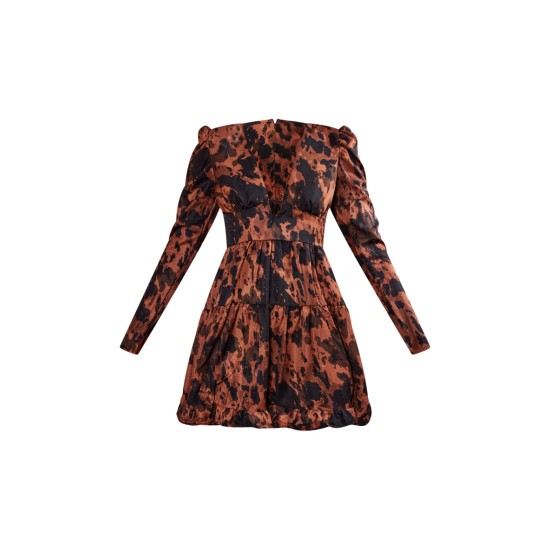 Chocolate Abstract Puff Sleeve Frill Hem Tea Dress Chocolate Abstract Puff Sleeve Frill Hem Tea Dress