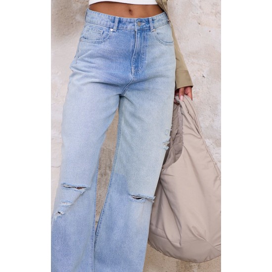 Blue Distressed Detail Straight Leg Jeans Blue Distressed Detail Straight Leg Jeans