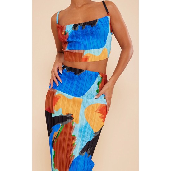 Blue Abstract Print Plisse Maxi Skirt Blue Abstract Print Plisse Maxi Skirt