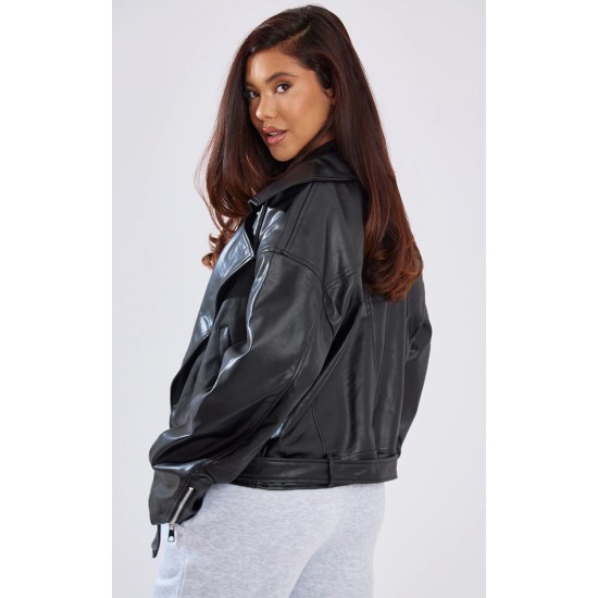 Black Faux Leather Relaxed Fit Belted Biker Jacket Black Faux Leather Relaxed Fit Belted Biker Jacket