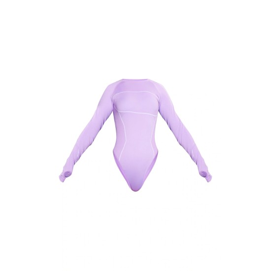 PRETTYLITTLETHING Lilac Ski Seamless Contrast Seam Bodysuit & Leggings Set PRETTYLITTLETHING Lilac Ski Seamless Contrast Seam Bodysuit & Leggings Set
