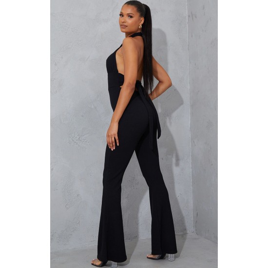 Black Cross Neck Tie Back Rib Jumpsuit Black Cross Neck Tie Back Rib Jumpsuit
