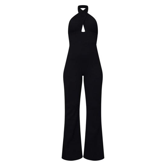 Black Cross Neck Tie Back Rib Jumpsuit Black Cross Neck Tie Back Rib Jumpsuit