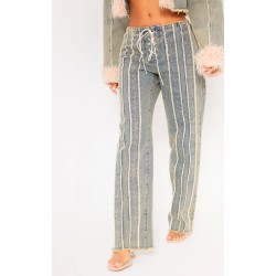 Petite Vintage Wash Fray Detail Lace Up Straight Leg Jeans