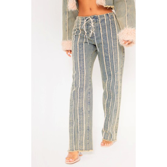 Petite Vintage Wash Fray Detail Lace Up Straight Leg Jeans Petite Vintage Wash Fray Detail Lace Up Straight Leg Jeans