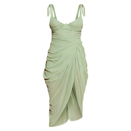 Sage Green Polka Dot Draped Underwire Detail Midi Dress Sage Green Polka Dot Draped Underwire Detail Midi Dress