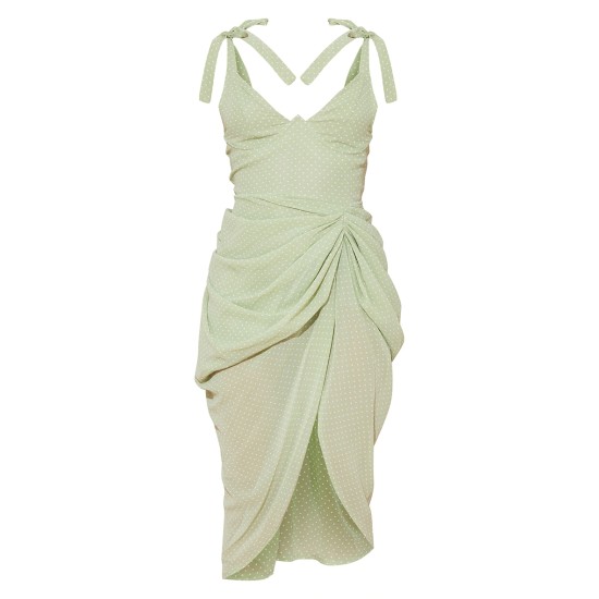 Sage Green Polka Dot Draped Underwire Detail Midi Dress Sage Green Polka Dot Draped Underwire Detail Midi Dress