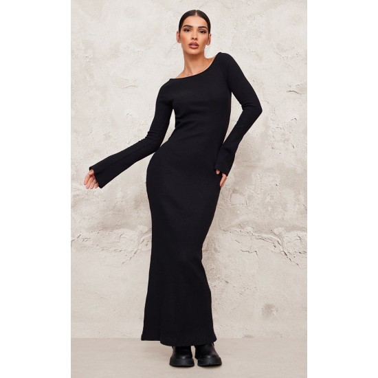 Black Heavy Brushed Rib Tie Back Maxi Dress Black Heavy Brushed Rib Tie Back Maxi Dress