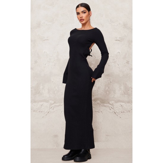 Black Heavy Brushed Rib Tie Back Maxi Dress Black Heavy Brushed Rib Tie Back Maxi Dress