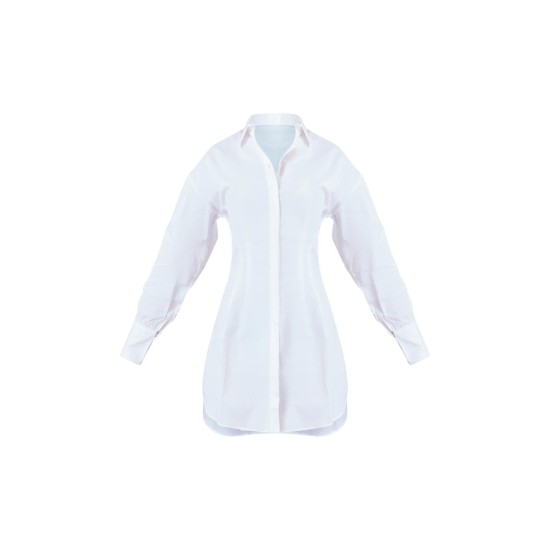 White Fitted Waist Long Sleeve Button Shirt Dress White Fitted Waist Long Sleeve Button Shirt Dress