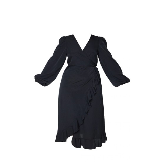 Plus Black Ruffle Wrap Front Midi Dress Plus Black Ruffle Wrap Front Midi Dress
