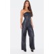 Black Faux Leather Bandeau Lace Back Straight Leg Jumpsuit Black Faux Leather Bandeau Lace Back Straight Leg Jumpsuit