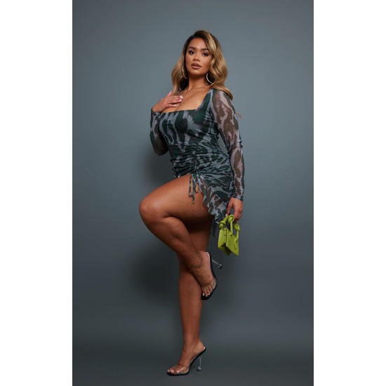 Shape Green Abstract Print Mesh Long Sleeve Ruched Side Frill Hem Bodycon Dress Shape Green Abstract Print Mesh Long Sleeve Ruched Side Frill Hem Bodycon Dress
