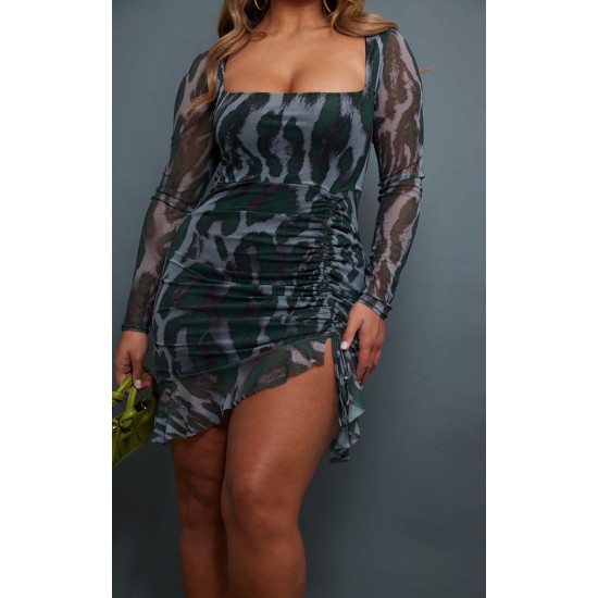 Shape Green Abstract Print Mesh Long Sleeve Ruched Side Frill Hem Bodycon Dress Shape Green Abstract Print Mesh Long Sleeve Ruched Side Frill Hem Bodycon Dress
