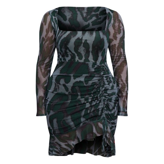 Shape Green Abstract Print Mesh Long Sleeve Ruched Side Frill Hem Bodycon Dress Shape Green Abstract Print Mesh Long Sleeve Ruched Side Frill Hem Bodycon Dress