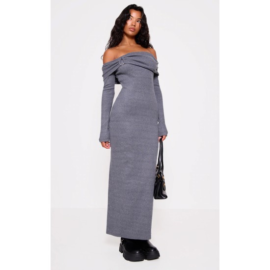 Charcoal Heavy Brushed Rib Bardot Trim Maxi Dress Charcoal Heavy Brushed Rib Bardot Trim Maxi Dress