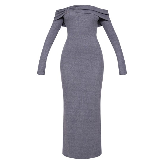 Charcoal Heavy Brushed Rib Bardot Trim Maxi Dress Charcoal Heavy Brushed Rib Bardot Trim Maxi Dress