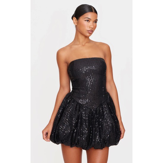 Black Sequin Bandeau Mini Puffball Dress Black Sequin Bandeau Mini Puffball Dress