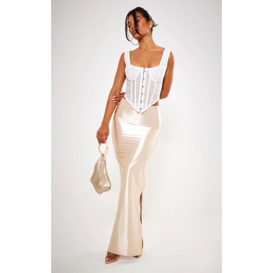 Champagne Stretch Satin Split Side Maxi Skirt Champagne Stretch Satin Split Side Maxi Skirt