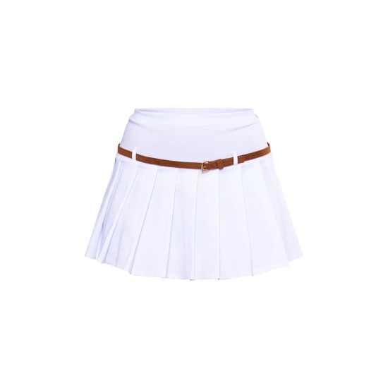 White Stretch Woven Belt Detail Pleated Mini Skirt White Stretch Woven Belt Detail Pleated Mini Skirt