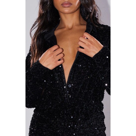 Black Sequin Shirt Romper Black Sequin Shirt Romper