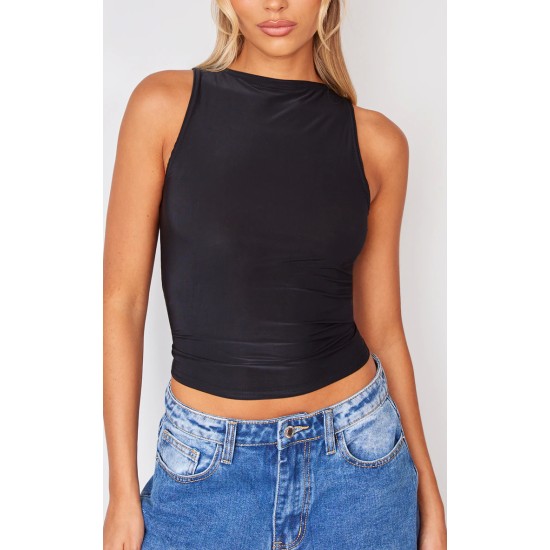 Black Boatneck Slinky Sleeveless Long Top Black Boatneck Slinky Sleeveless Long Top