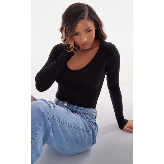 Basic Black Cotton Blend Plunge Long Sleeve Bodysuit Basic Black Cotton Blend Plunge Long Sleeve Bodysuit