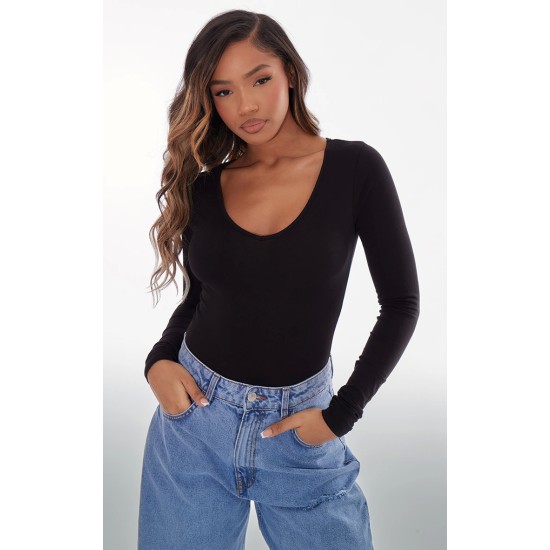 Basic Black Cotton Blend Plunge Long Sleeve Bodysuit Basic Black Cotton Blend Plunge Long Sleeve Bodysuit