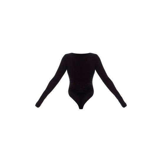 Basic Black Cotton Blend Plunge Long Sleeve Bodysuit Basic Black Cotton Blend Plunge Long Sleeve Bodysuit