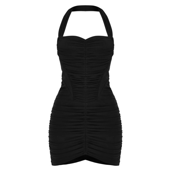 Black Mesh Extreme Ruched Corset Halter Bodycon Dress Black Mesh Extreme Ruched Corset Halter Bodycon Dress