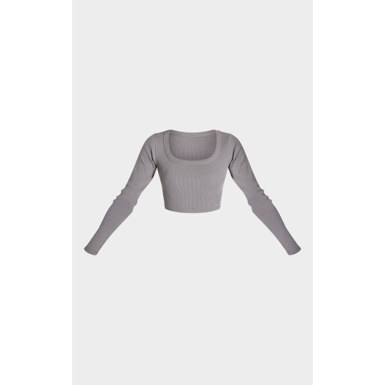 Charcoal Rib Scoop Neck Long Sleeve Crop Top Charcoal Rib Scoop Neck Long Sleeve Crop Top