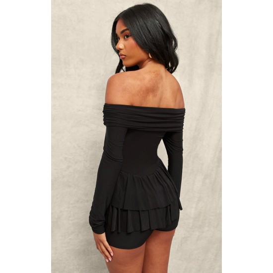 Black Slinky Long Sleeve Bardot Rara Skort Romper Black Slinky Long Sleeve Bardot Rara Skort Romper