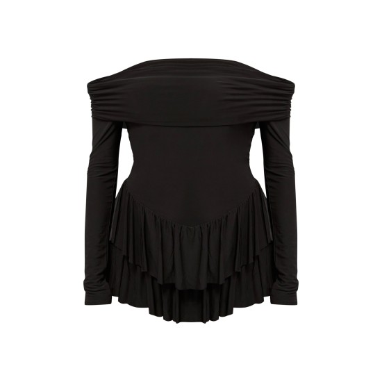 Black Slinky Long Sleeve Bardot Rara Skort Romper Black Slinky Long Sleeve Bardot Rara Skort Romper