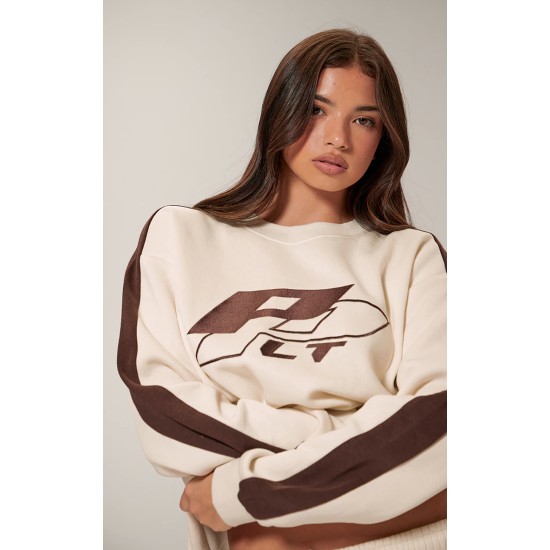PRETTYLITTLETHING Cream Embroidered Contrast Panel Oversized Sweatshirt PRETTYLITTLETHING Cream Embroidered Contrast Panel Oversized Sweatshirt