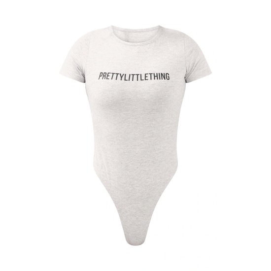 PRETTYLITTLETHING Ash Grey Logo Short Sleeved Bodysuit PRETTYLITTLETHING Ash Grey Logo Short Sleeved Bodysuit