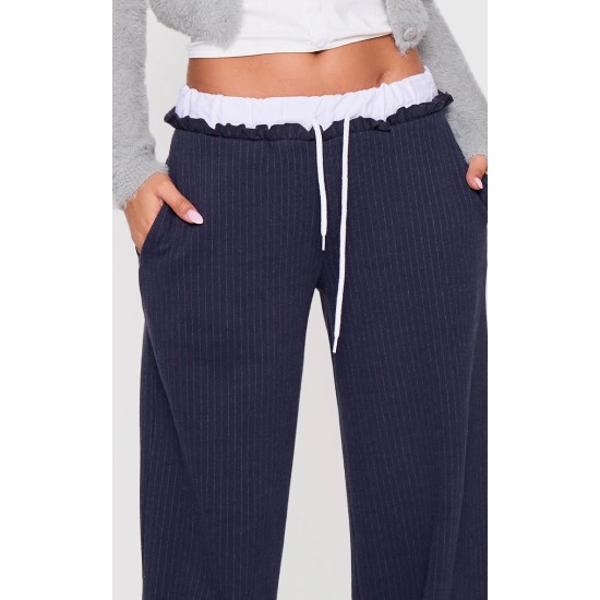 Petite Navy Pinstripe Contrast Waistband Wide Leg Pants Petite Navy Pinstripe Contrast Waistband Wide Leg Pants