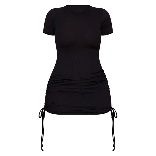 Shape Black Rib Short Sleeve Ruched Side Bodycon Dress Shape Black Rib Short Sleeve Ruched Side Bodycon Dress