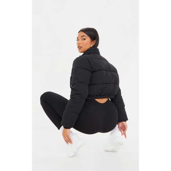 Black Cropped Peach Skin Bubble Puffer Jacket Black Cropped Peach Skin Bubble Puffer Jacket