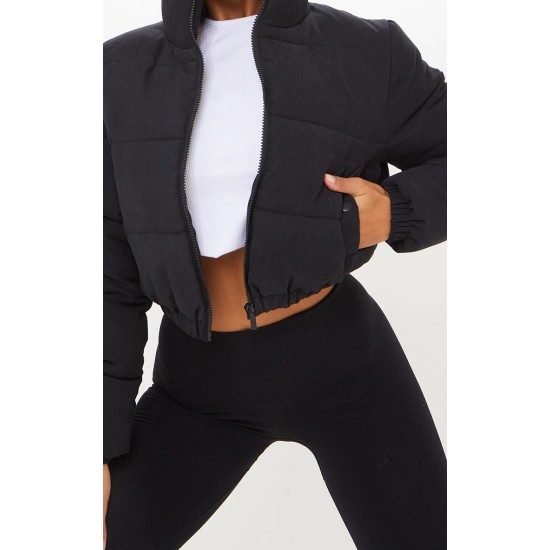 Black Cropped Peach Skin Bubble Puffer Jacket Black Cropped Peach Skin Bubble Puffer Jacket