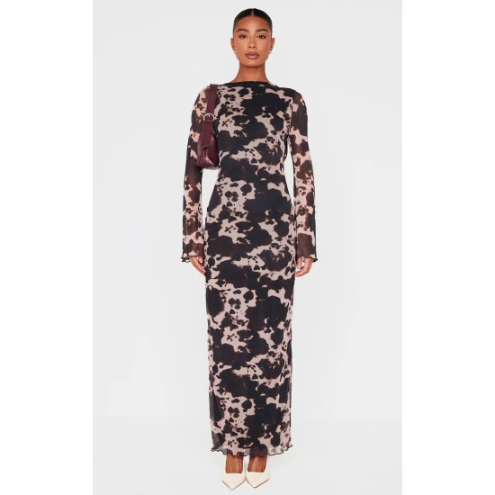 Brown Abstract Print Mesh Long Sleeve Maxi Dress Brown Abstract Print Mesh Long Sleeve Maxi Dress