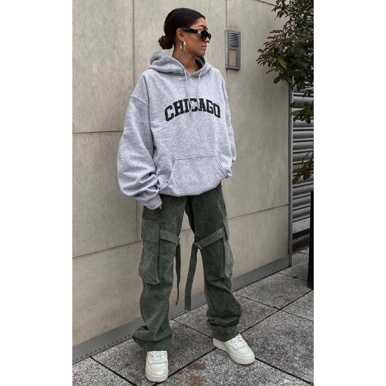 Grey Chicago Print Oversized Hoodie Grey Chicago Print Oversized Hoodie