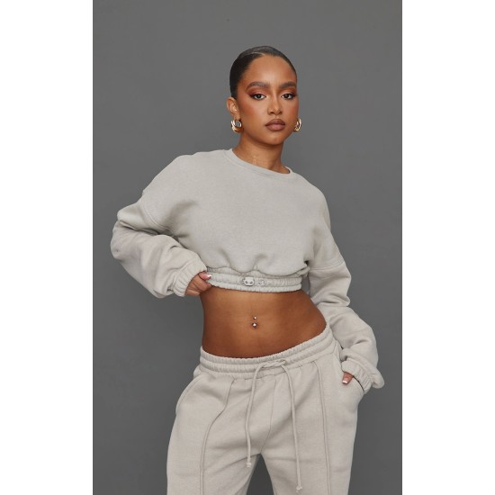 Petite Moss Grey Crop Elasticated Sweat Top Petite Moss Grey Crop Elasticated Sweat Top