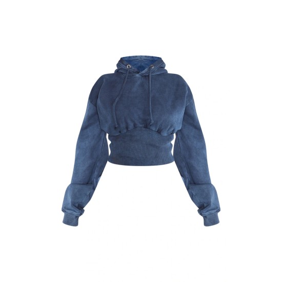 Shape Blue Sweat Cropped Shirred Waist Hoodie Shape Blue Sweat Cropped Shirred Waist Hoodie