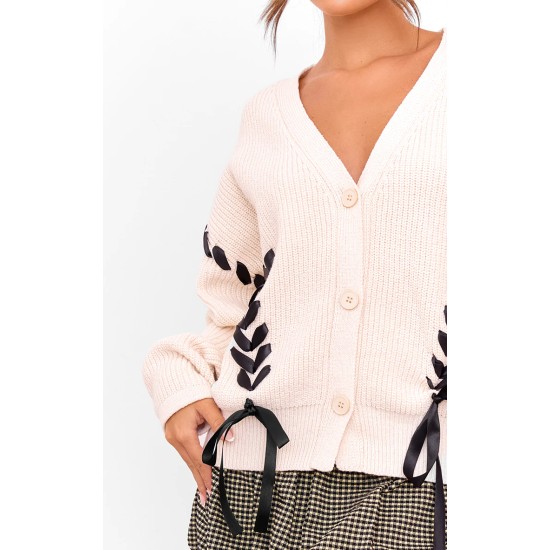 Cream Chunky Knit Ribbon Detail Cardigan Cream Chunky Knit Ribbon Detail Cardigan