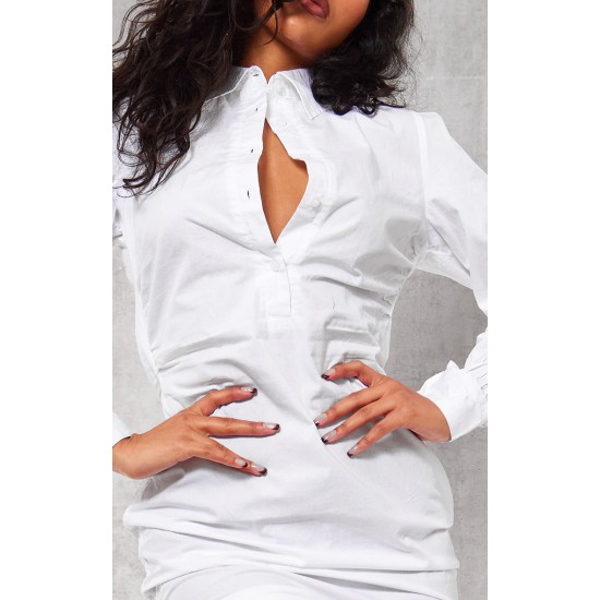White Ruched Side Fitted Shirt Dress White Ruched Side Fitted Shirt Dress