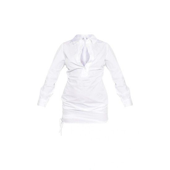 White Ruched Side Fitted Shirt Dress White Ruched Side Fitted Shirt Dress