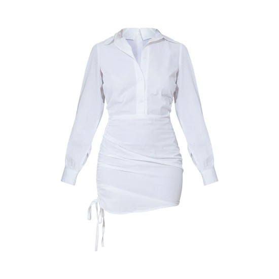 White Ruched Side Fitted Shirt Dress White Ruched Side Fitted Shirt Dress